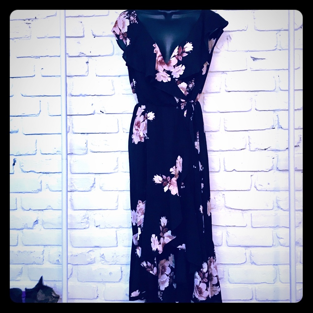 High low black and pink floral dress